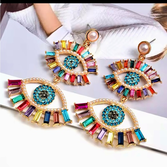 LAST 1! EVIL EYE! Rhinestone and Faux Pearls Large Colorful Dangle Earrings! - Picture 5 of 9